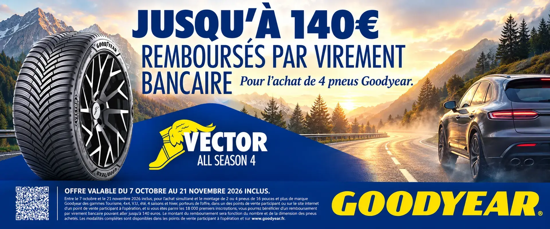 Jusqu'à 140€ remboursé pour l'achat de 4 pneus Goodyear