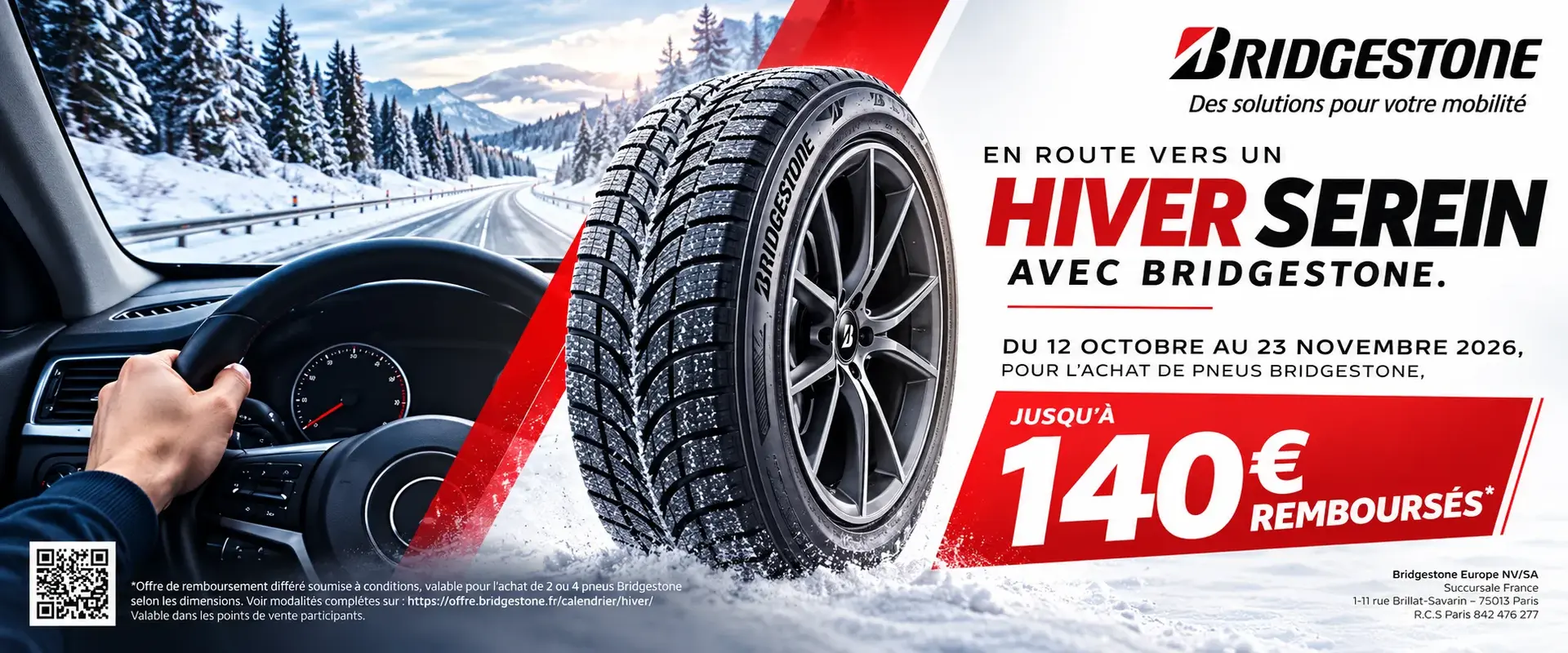 Jusqu'à 140€ pour l'achat de pneus Brigestone