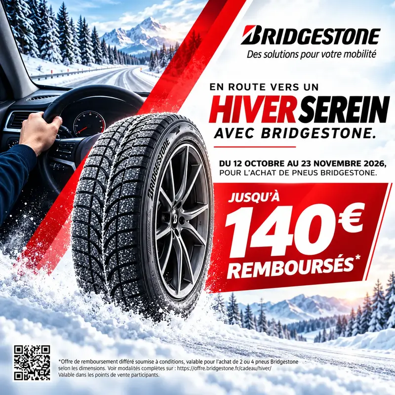 Jusqu'à 140€ remboursés pour l'achat de pneus Bridgestone
